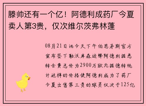 滕帅还有一个亿！阿德利成药厂今夏卖人第3贵，仅次维尔茨弗林蓬